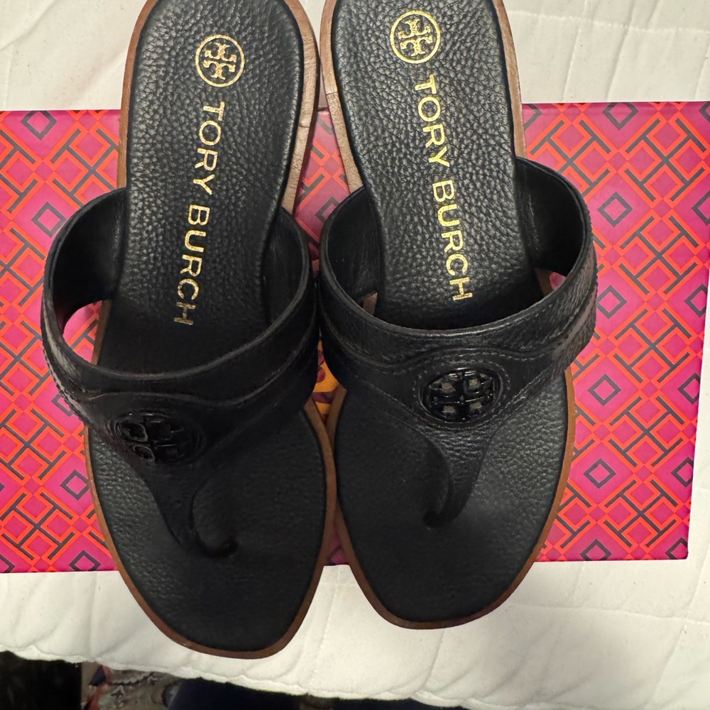 Tory Burch Black Leather Flip-Flops - Picture 2 of 9